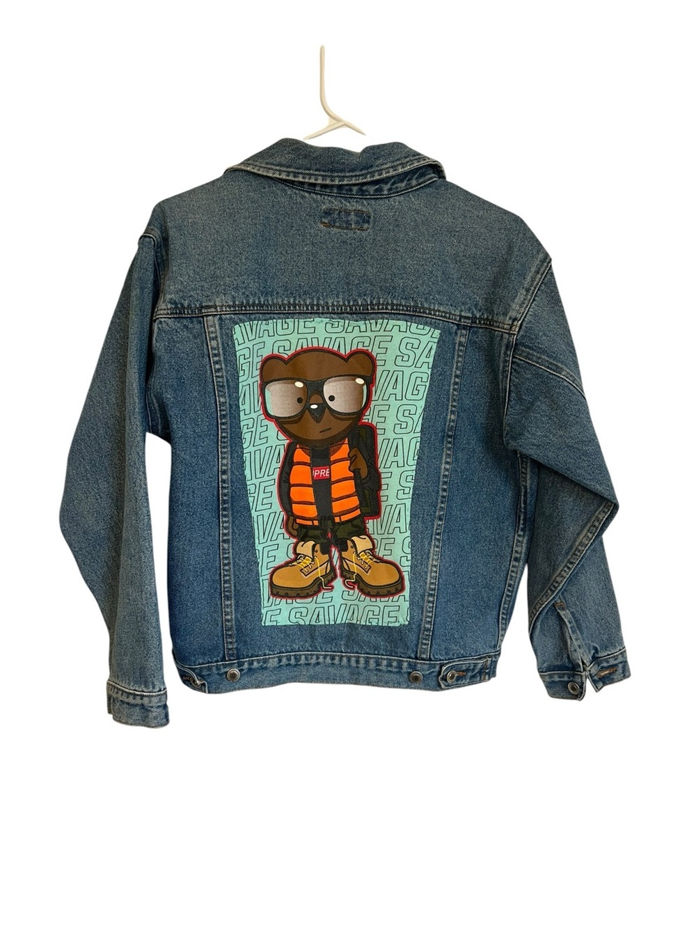 Vintage Grearland Blue Denim Jacket with Graphic Bear Back Panel 100% Cotton